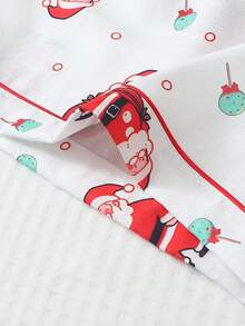 2pcs/Set Comfortable Santa Claus Candy Print Short Sleeve Collared Top And Bow Shorts Women's Pajama Set - White - View 7