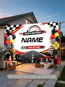 Customizable Name Cool Racing Championship Winner Happy Birthday Banner Black & White Checkered Flag Balloon Tire Oil Drum Trophy Design, Suitable For Racing Car Birthday Party, Wall Decoration, Photo Backdrop, Vinyl Banner Prop - Black - View 4