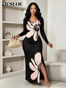 DVSLOE Women's Floral Digital Print Knitted V-Neck Long Sleeve Side Slit Sexy Fitted Maxi Dress - Black - View 1
