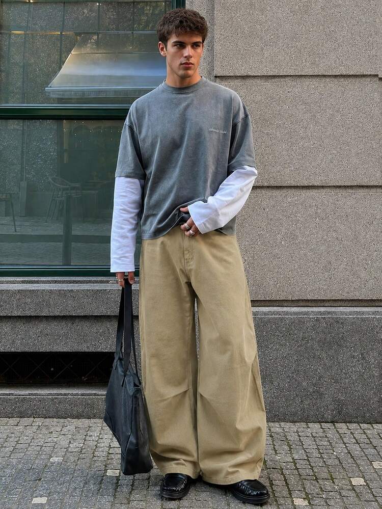 INFLATION Men's Pleated Cargo Wide Leg Pants, New Brand Solid Color Loose Casual Long Pants - Khaki - View 1