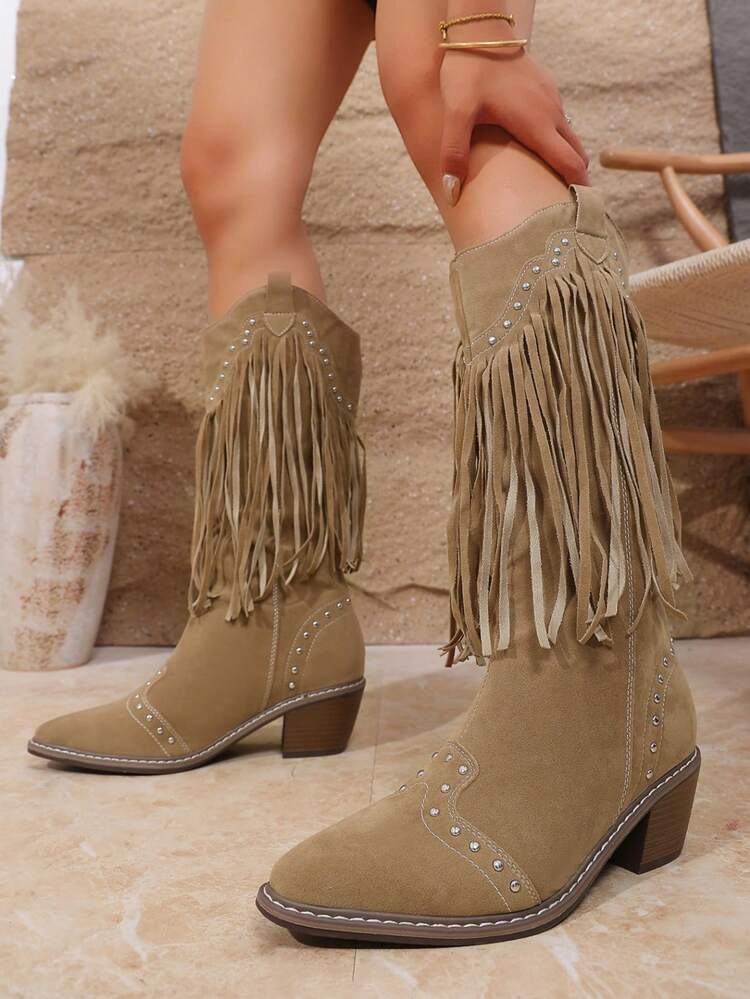 OBOVAY Women's Mid Calf Boots Stud Trim Layered Tassel Pull Tabs Faux Suede Low Stacked Heel Vintage Cowboy Boots For Fall Holiday Travel Daily - Khaki - View 6