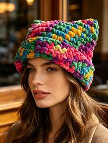 1 Pc Layered Gradient Color Cat-Ear Hand-Knitted Hat, Thick Woolen Scarf For Warmth And Protection, Hair Accessory, Gift For Friends - Multicolor - View 4