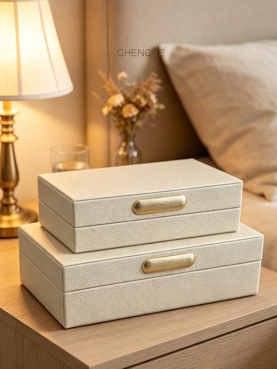 Set Of 2 S & L Size Cream Pebbled PU Leather Jewelry Boxes With Lid, Gold Zinc Alloy Bar Handle, Velvet Lined Rect Accessory Storage Organizer, Modern Luxury Vanity Bedroom Decor Holiday Gift