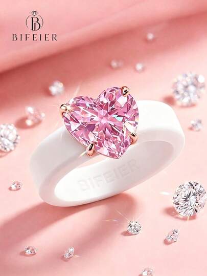 BIFEIER 1pc Fashion Anti-Fading Anti-Allergic Silicone Women's Ring, White Band With Pink Elegant Heart-Shaped Cut Zirconia Stone, Suitable For Women To Wear, Perfect For Weddings, Anniversaries, Daily Wear, Sports And Yoga, Ideal Valentine's Day Gift, Best Alternative To Metal Rings