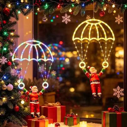 1 Set de Luces LED de Cortina Navideñas, Luces Decorativas de Cadena LED Navideñas, Diseño de Paracaídas de Muñeco de Nieve, Luces Decorativas Navideñas Colgantes, Decoración de Regalo para Árbol de Navidad, Artículo de Decoración Navideña Ideal