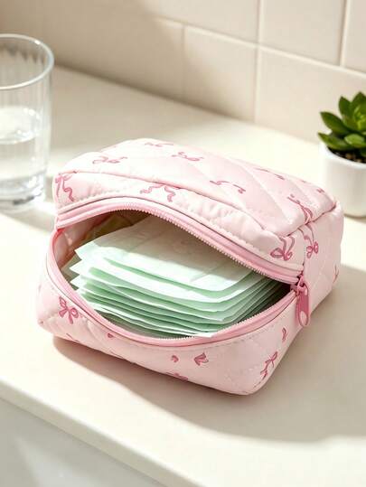 1pc Pink Bow Pattern Women's Sanitary Napkin Pouch, Makeup Bag, Bohemian Style,Back To School