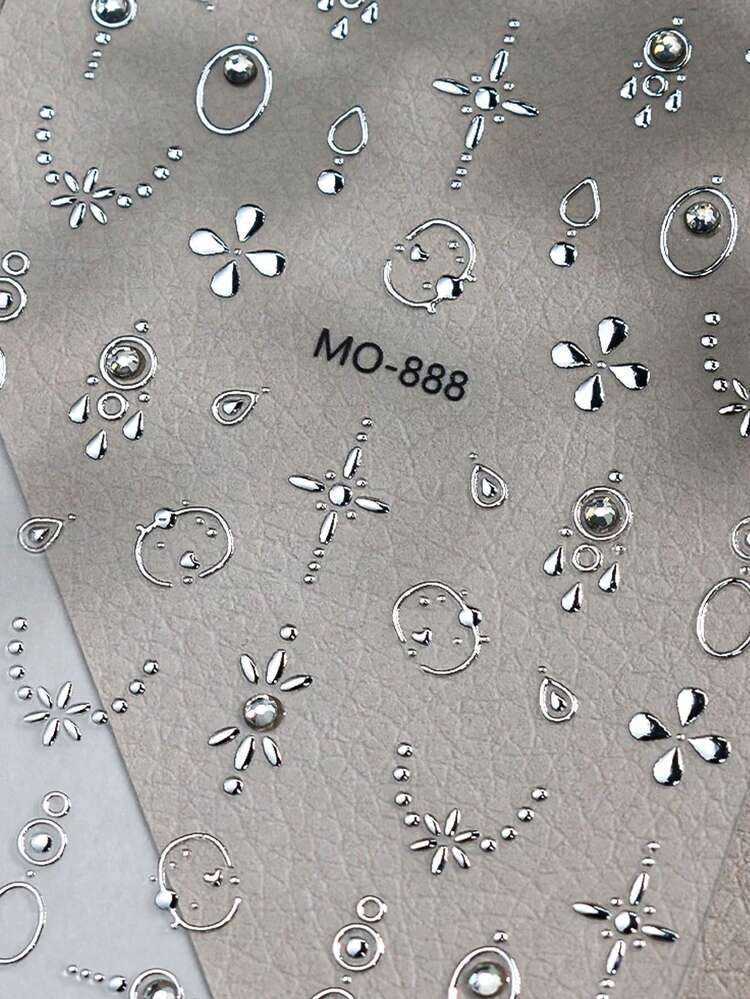 Gold/Silver Bohemian French Style Nail Art Stickers, Metallic Geometric Gold And Silver Decals With White Pearl Shiny Rhinestones, Self-Adhesive Decorative Nail Accessories For Women & Girls DIY Salon Manicure - Multicolor - View 6