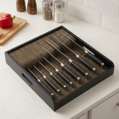 Organizador de cajones de bambú grande para cuchillos, soporte de almacenamiento para cuchillos de carne, organizador de cajones de cocina para cubiertos (negro)