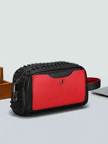 Rivet Men's Clutch Bag, Personalized Contrast Color Design, Multiple Colors Available, Lychee Grain Waterproof Fabric, Large Capacity Layered Interior, Front Snap Coin & Card Slot, Convenient Hand Strap. Street Punk Style, Daily Commute, Travel Storage For Phone, Wallet, Keys, Fashion Versatile Casual Portable Toiletry Clutch - Multicolor - View 11