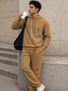 Blueprint Man 2-Piece Men's Sweatshirt Set, Hooded Drawstring Sweatshirt Paired With Matching Fabric Joggers, 3D Diagonal Twill Jacquard Fabric With Rich Texture, Ribbed Cuffs For A Fitted Look, Minimalist Casual Style For Home, Daily Wear, And Commuting - Khaki - View 4