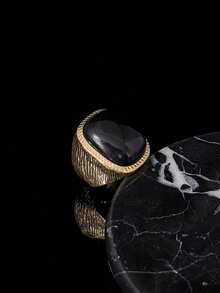 Stainless Steel 316 Golden Elegant Luxury Exquisite Rectangular Jumbo Black Stone Ring For Women Prom Banquet Date Gift - Black - View 2