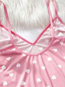 2pcs/Set Women's Christmas Pajamas Red Summer Cute Pajama Top Sexy Camisole Shorts Full Print Heart Pattern Homewear Sleepwear Set Back To School - Baby Pink - View 7