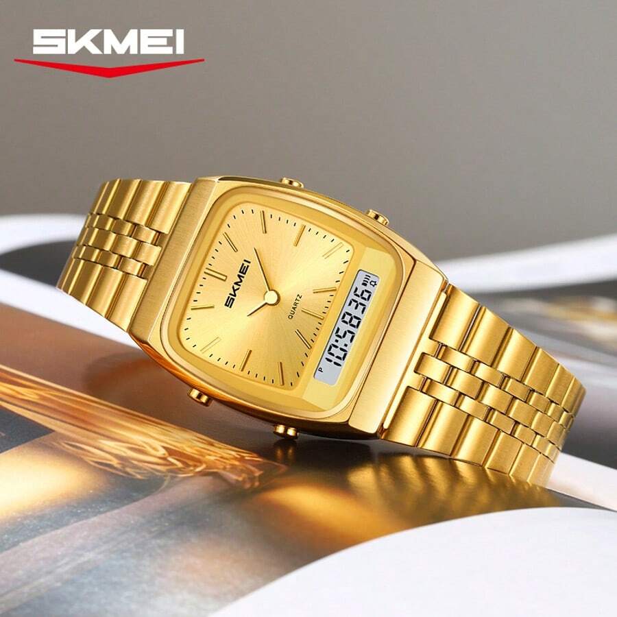 SKMEI 2585 不鏽鋼雙時區男士時尚奢華簡約指針大錶盤手錶