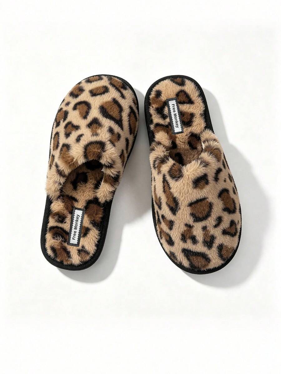 Leopard Print Women's Home Slippers, Autumn/Winter Fashion Warm Comfortable Indoor Slippers Easy To Put On And Take Off, Couple Style Bedroom Slippers