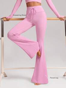 Sodalemon Women's Solid Color Drawstring Waist Flared Yoga Pants, Elastic Fitness Training Casual Running Sports Leggings - Pink - View 2