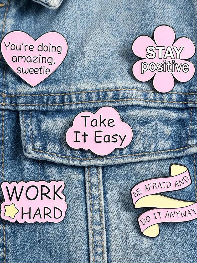 QIHOO 5pcs Inspirational Quote Enamel Pin Set - Positive Energy Slogan Badges, Pink Aesthetic Brooches, Suitable For Backpack / Denim Jacket, Girly Inspirational Accessory Gift, Suitable For Women / Students - Multicolor - View 1