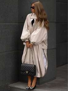 Women's Solid Color Lantern Sleeve Loose Button Pocket Trench Coat Jacket - Apricot - View 4
