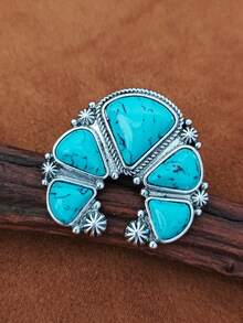 1pc Half Moon Shaped Ring, European & American Western , Multi-Color Cracked Faux Turquoise Inlay, Distressed Silver-Tone, Vintage Adjustable Open Band Women's Large Ring - Ring - View 11