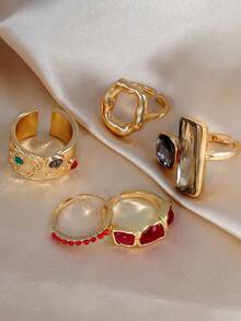 5pcs Colorful Crystal Rhinestone Faux Gemstone Ring Set, Stackable Geometric Rings, Suitable For Women's Daily Dates, Music Festivals - Multicolor - View 5