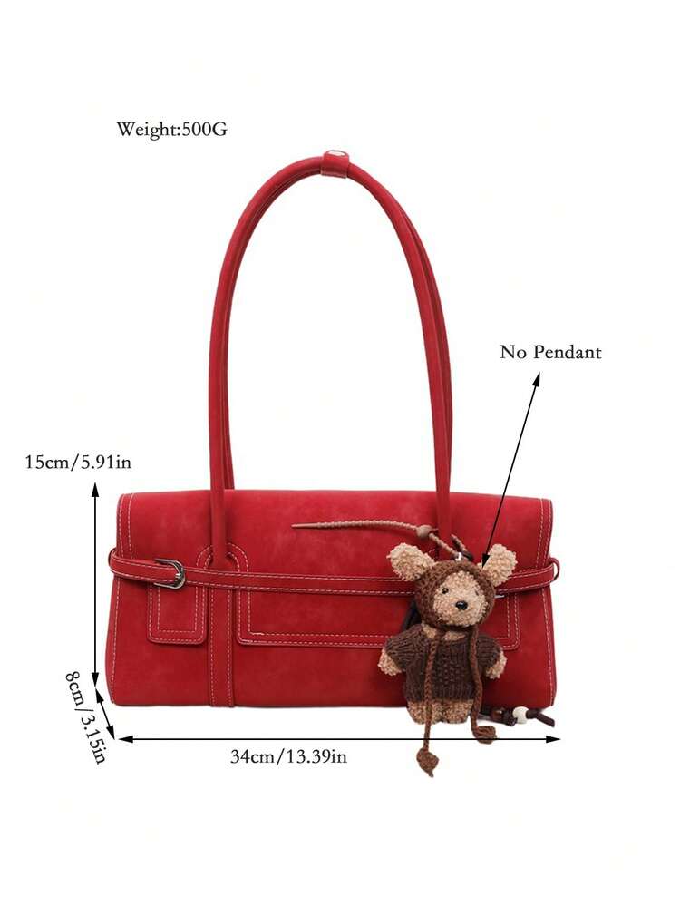 Tas Bahu Baguette Wanita, Kulit Imitasi Suede, Dekorasi Gesper Logam & Jahitan Kontras, Pegangan Atas, Gaya Retro Y2K, Cocok Untuk Pesta & Pemakaian Sehari-hari Sepanjang Musim, Burgundy - Burgundy - View 9