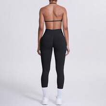 Set 2pcs Pakaian Yoga Wanita Tanpa Jahitan, Bra Olahraga Leher Halter & Legging Pengangkat Pinggang Tinggi untuk Latihan di Gym - Hitam - View 7