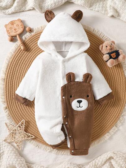 Newborn Unisex Baby Cute Cartoon 3D Bear Embroidered Flannel Winter Indoor Hooded Long Sleeve Romper