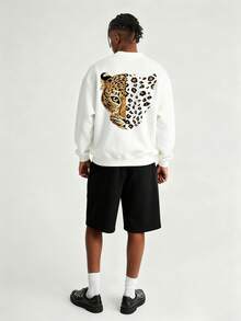 Men's Spring/Autumn Minimalist Leopard Print & Letter Crew Neck Long Sleeve Sweatshirt And Shorts Casual Set - Black and White - View 1