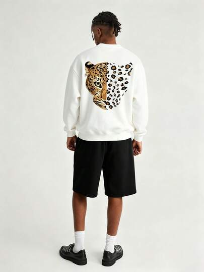 Men's Spring/Autumn Minimalist Leopard Print & Letter Crew Neck Long Sleeve Sweatshirt And Shorts Casual Set