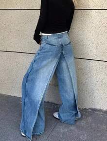 Women Y2K Split Long Denim Pants, High Waisted Loose Wide Leg Trousers, Streetwear Statement Bottoms - Light Blue - View 10