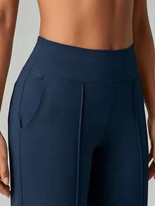 Women's Casual Home Pants, Solid Color High Waist Wide Leg Lounge Pants (With Pockets) - Navy Blue - View 5