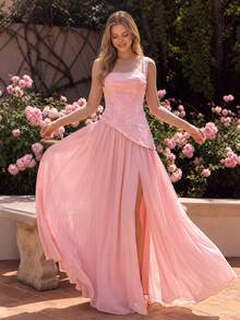 UNITHORSE Women's Pleated Cinching Waist Jacquard Chiffon Evening Dress - Pink - View 1
