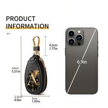 Litchi Pattern Key Bag -Black Gold Letters A-Z Car Key Protection Cover,PU Key Storage Clip,Zipper Bag,Car Key Storage Device,Car Keychain,Unisex Gift - Multicolor - View 4