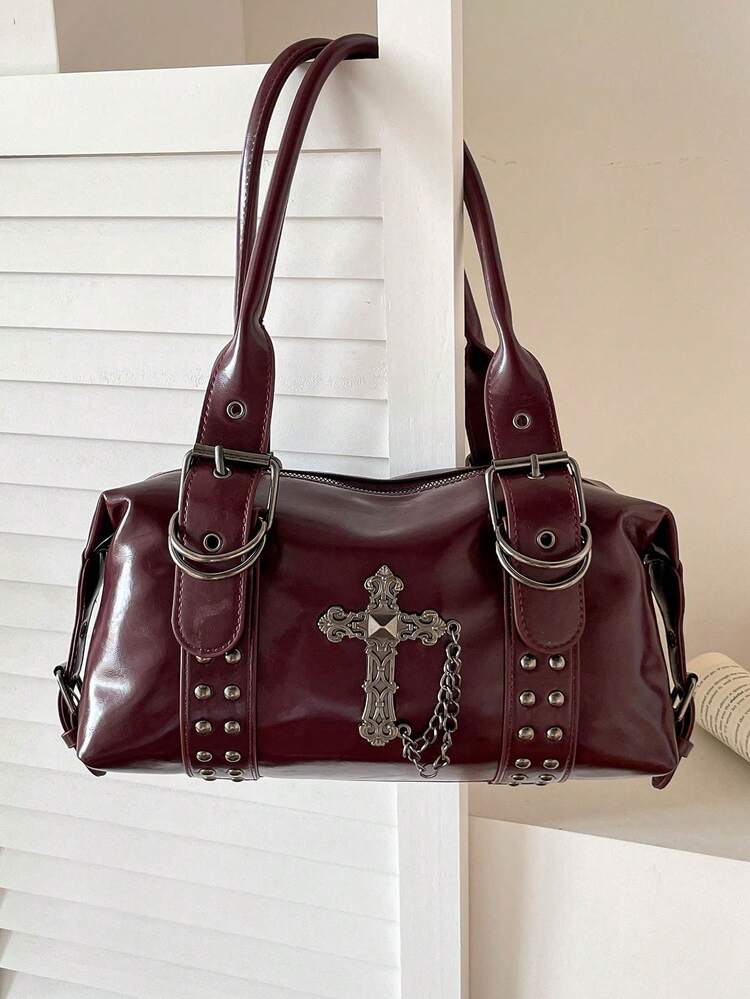 Tas Bahu dengan Dekorasi Paku Keling, Tali yang Dapat Dilepas dan Penutup Resleting, Tas Lengan Bergaya Keren, Tas Wanita, Desain Niche Unik, Cocok untuk Aktivitas Sehari-hari, Kencan, Perjalanan dan Pemakaian Selempang Kasual - Burgundy - View 4
