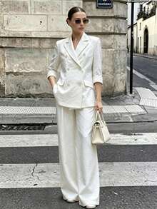 Women's Spring/Autumn Casual Elegant Commute Double-Breasted Lapel Faux Pocket Solid Color 3/4 Sleeve Blazer & Wide Leg Pants 2-Piece Set - White - View 2