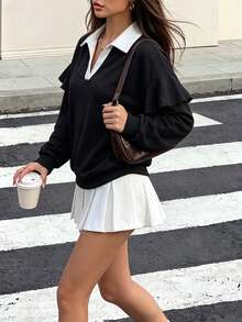 Women Fall Elegant Collared V Neck Long Sleeve Sweatshirt, Ruffle Detail, Loose Pullover Top For Holiday Festival Daily Outfit - Black and White - View 11