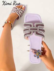 Ximi Ruo Women's Rhinestone, Fashion Casual Strap Outdoor Slippers For Spring/Summer, Comfortable Flat Heel Round Toe Beach Shoes, Holiday Essential, Flat - Purple - View 8