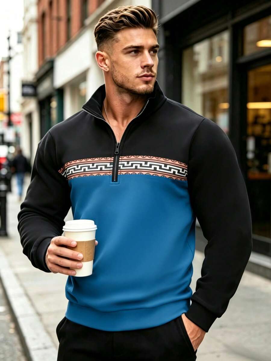 Men's Colorblock Half-Zip Pullover, Geometric Stripe Sublimation Print Stand Collar Long Sleeve Top, Machine Washable - Multicolor - View 1