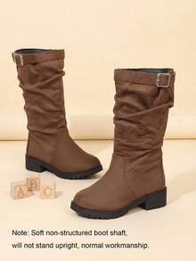 Girls' Brown Suede Mid-Calf Boots With Metal Buckle Slip-On Round Toe, Suitable For Autumn Outings And Shopping - Brown - View 2