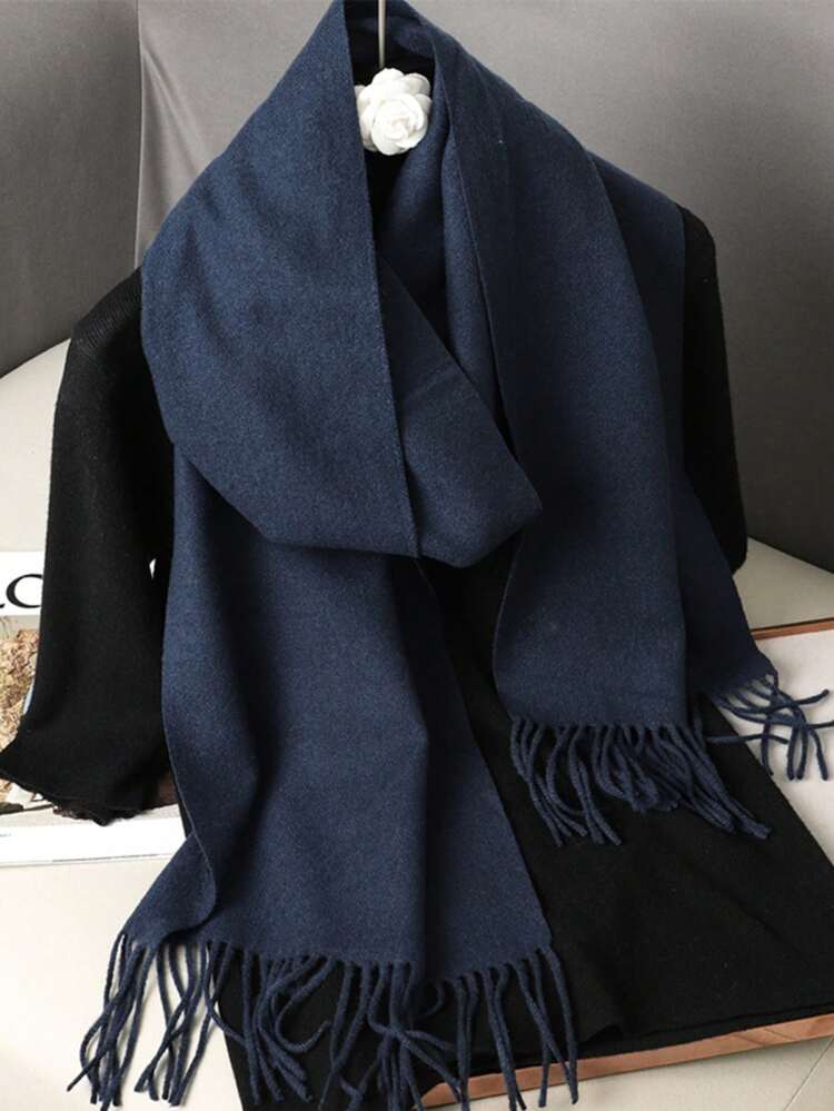 1pc Women's Minimalist Solid Color Cashmere Scarf, Casual Versatile Tassel Warm Shawl, Fashionable Cold-Proof Outerwear, Suitable For Daily Wear - Navy Blue - View 4