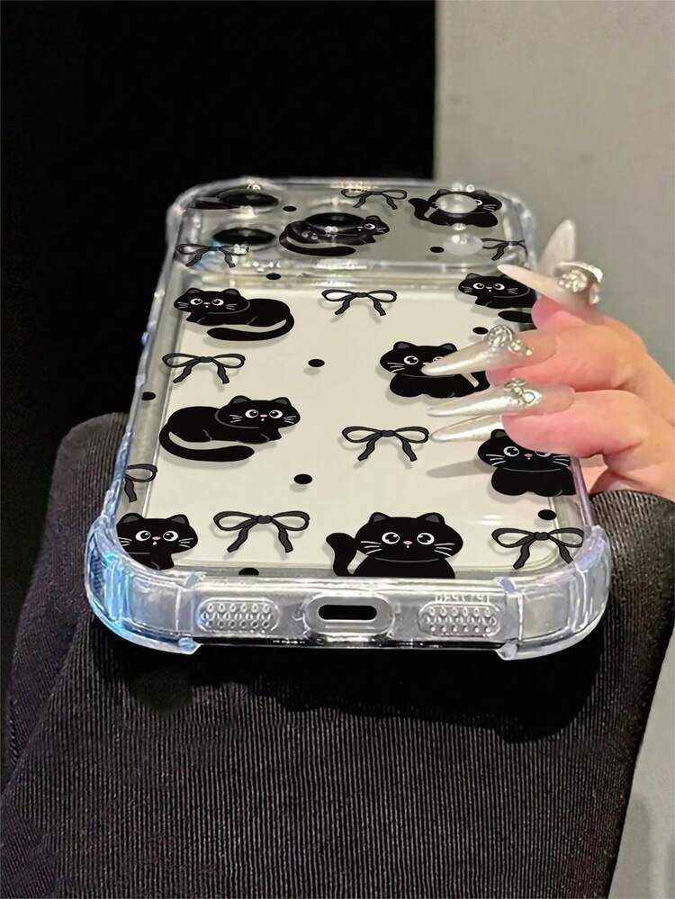 Cute Black Cat & Bow Polka Dot Pattern Shockproof Phone Case, Transparent Corner Protection Anti-Drop Fashion Autumn/Winter Essential, Suitable For Daily Use, Compatible With IPhone 18Pro/18Pro Max/16/16 Pro/16 Plus/16 Pro Max/17/17 Pro/17 Pro Max/15/15 Pro/15 Pro Max/15 Plus/14/14 Pro/14 Pro Max/13/13 Pro/13 Pro Max/12/12 Pro/12 Pro Max/11/7/8, Birthday Gift, Back To School Gift, Christmas Gift, Halloween Gift, Suitable For Men And Women Daily Use - Black - View 4