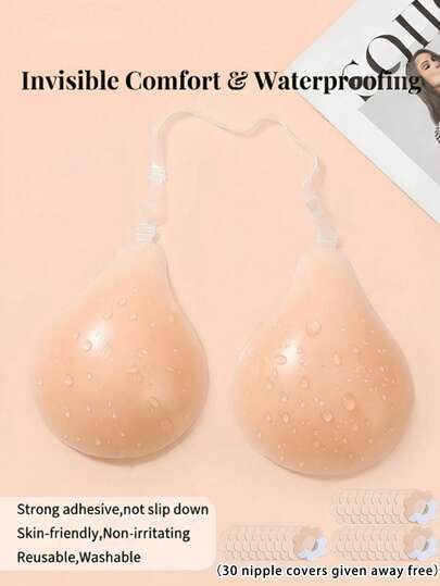 1 Set Nude Spoon-Shaped Spaghetti Strap Silicone Bra With 30pcs Flower Nipple Covers, Minimalist Matte Silicone Material, Water-Drop Spoon-Shaped Cups With Adjustable Spaghetti Strap Strap, Washable And Reusable, Suitable For Evening Gowns, Slip Dresses, Weddings, Parties, Vacations And More