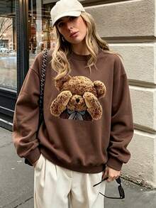 Women's Cute Teddy Bear Print Long Sleeve Crew Neck Pullover Sweatshirt, Ribbed Knit Detail Street Casual Versatile Sweatshirt Brown Fall - Brown - View 3