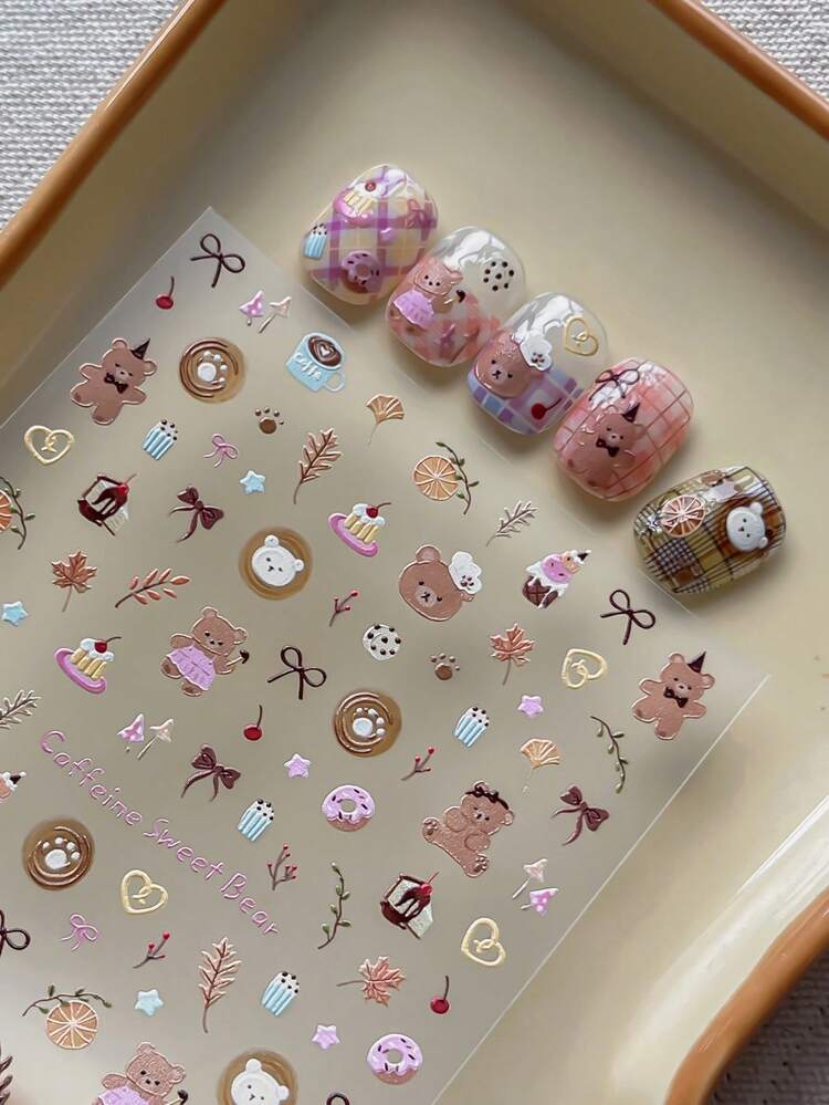 1pc 5D Embossed Cute Bear Nail Art Stickers, Dessert Donut Cake Coffee Maple Leaf Bow Fruit Heart Pattern Self-Adhesive Nail Decals DIY Nail Decoration Accessories - Multicolor - View 7