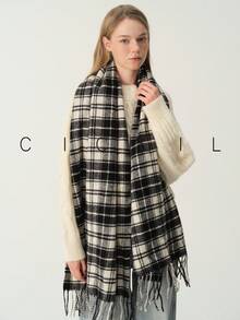 1pc Women's Vintage Fashionable Dual-Color Plaid Casual Versatile Polyester Scarf, Warm For Autumn/Winter Daily Wear - Khaki - View 9