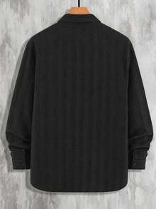 Men's Plus Size Shirt, Autumn Knit Textured Fabric Casual Plus Size Top, Solid Color Single-Breasted Long Sleeve Plus Size Men's Clothing - Black - View 2
