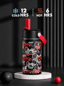Meoky 12oz Sports Water Bottle, Single-Opening Hard Straw With Handle, Cartoon Print Portable Travel Cup, Suitable For Outdoor, Gym, School, Commute And Daily Use (Black & Red Racing Style) - Black and Red Racing - View 7