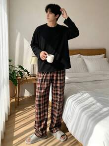 Men's Korean-Style INS Casual Basic Pajama Set, Crew Neck Long Sleeve T-Shirt Top And Plaid Faux Button Long Pants Bottom, 2-Piece Loungewear Set, Suitable For Spring, Autumn, Winter, Can Be Worn Out - Multicolor - View 1