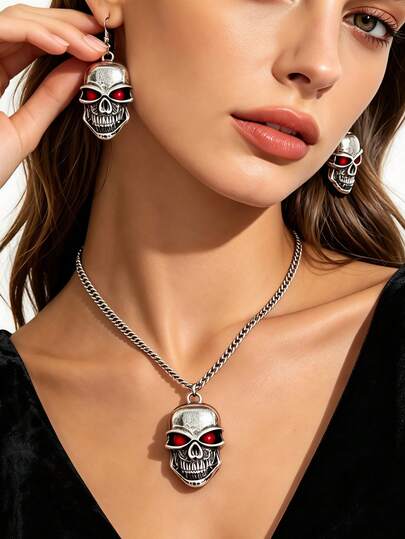 2pcs/Set Women's Vintage Gothic Distressed Antique Silver Red Bead Eye 3D Skull Jewelry, Cuban Chain Skull Pendant Necklace + Matching Skull Hook Earrings, Cool Dark Style Set Accessories For Halloween Costume Party