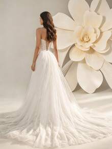 HEARBOBO Heavy Lace Sleeveless Strapless Vintage Mermaid Long Dress With Tulle Wedding Dresses For Bride White Fall - White - View 11
