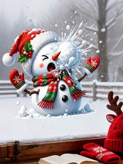 1pc Red Christmas Hat And Scarf Printed Funny Snowman, Christmas Static Sticker, Double-Sided Visible, Reusable, Removable Without Residue, For Home Living Room Holiday Party Glass Decoration